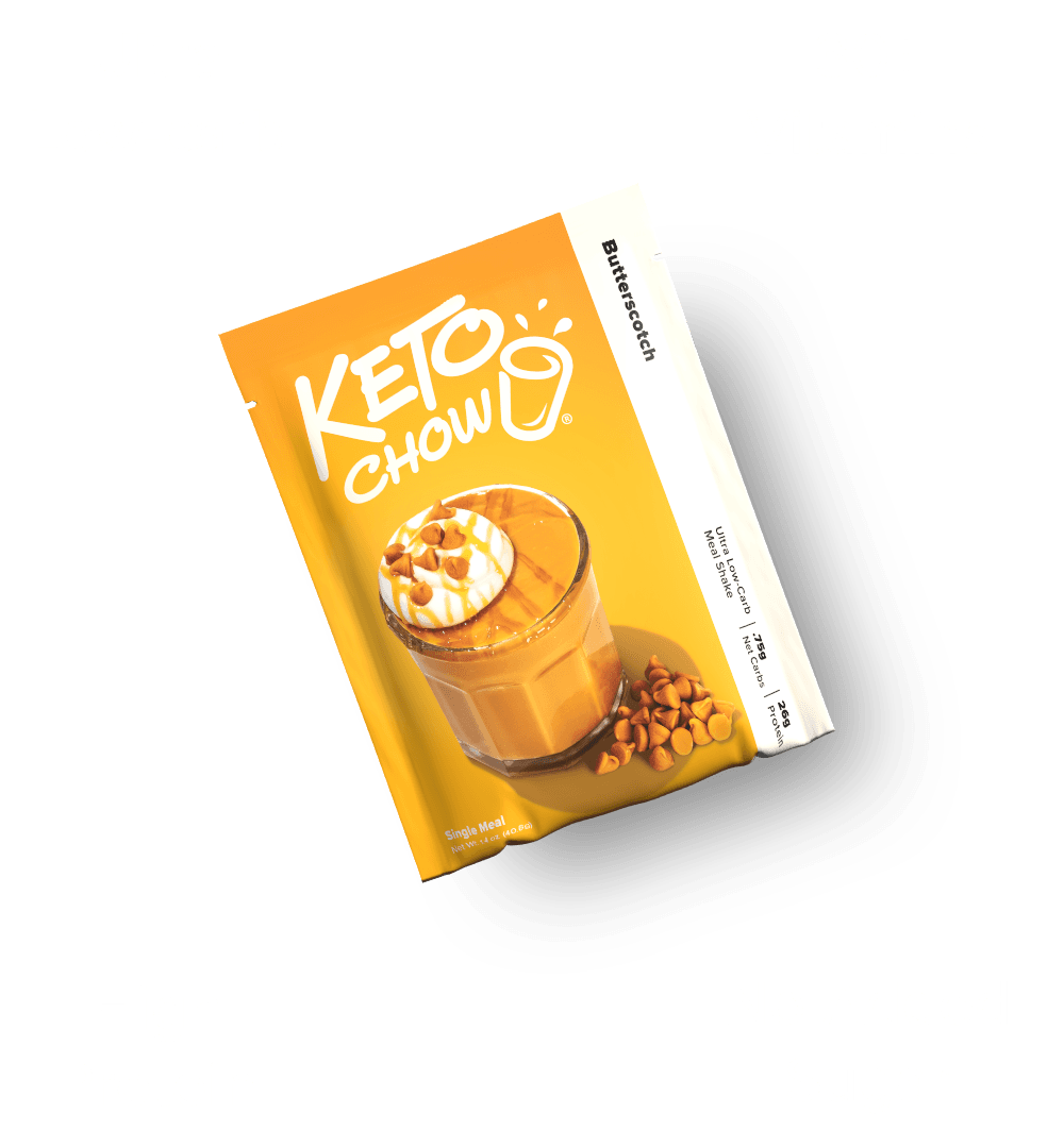 KETO CHOW Butterscotch single meal shake packet, orange and white. Text: Ultra Low-carb, .75g Net Carbs, 26g Protein.