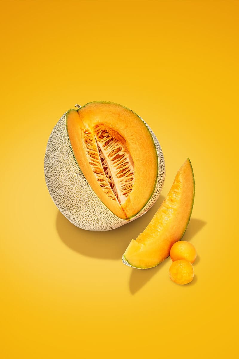 A sliced open cantaloupe