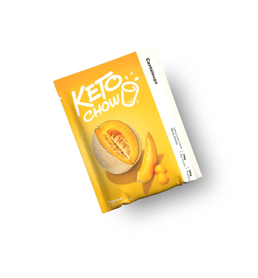 KETO CHOW Cantaloupe Meal Shake, yellow single pouch with cantaloupe fruit. Text: Ultra Low-Carb, Single Meal, 26g Protein, 1.4 oz.