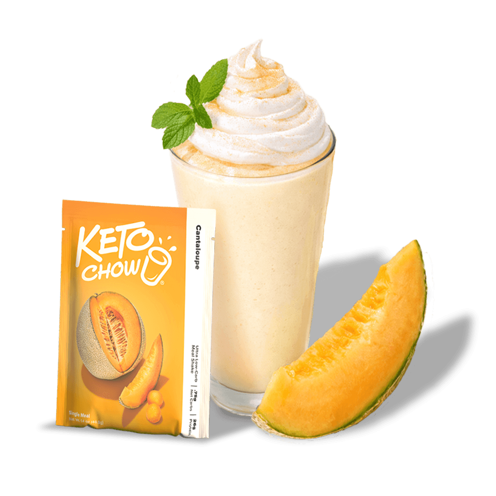 KETO CHOW Cantaloupe orange single meal packet with a cantaloupe image. Text: Ultra Low Carb Meal Shake, .75g Net Carbs, 26g Protein. A pale yellow shake with whipped cream, mint, and a cantaloupe slice.
