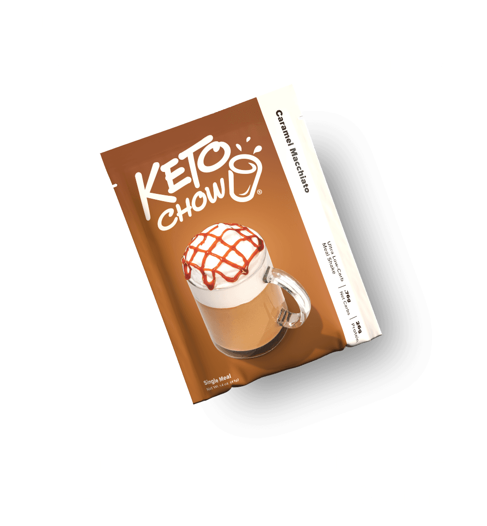 KETO CHOW Caramel Macchiato brown and white single meal shake pouch. Depicts a macchiato with whipped cream and caramel drizzle. Key text: KETO CHOW logo, Caramel Macchiato, Single Meal, Ultra Low-carb, 7g Net Carbs, 26g Protein.