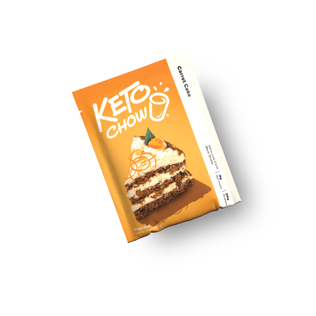 KETO CHOW Carrot Cake orange and white pouch with cake image, Net Wt 1.4 oz, 25g Protein, 2g Net Carbs, Ultra Low-Carb.