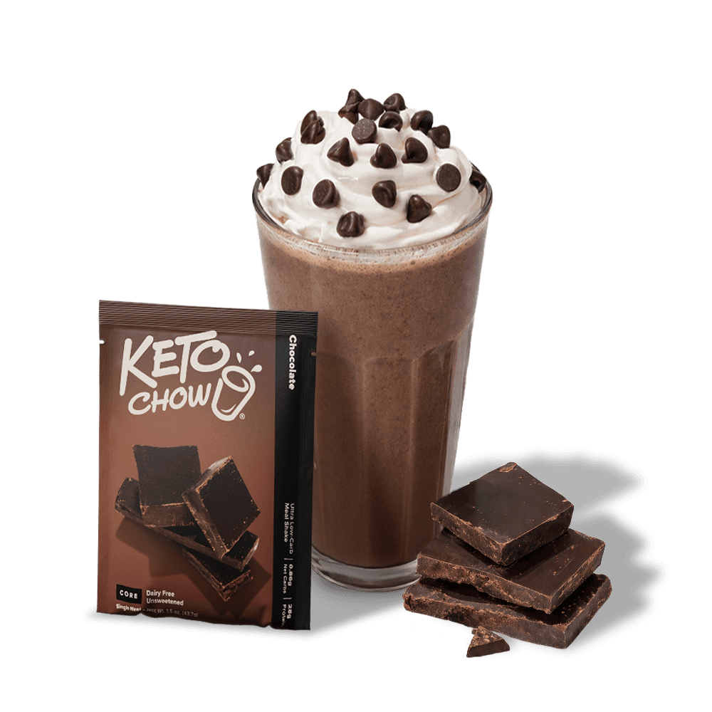 KETO CHOW Chocolate shake pouch, brown and black. A chocolate shake with whipped cream and chocolate chips, and dark chocolate chunks.