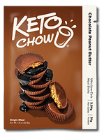 KETO CHOW Chocolate Peanut Butter meal shake packet, brown. A stack of chocolate peanut butter cups is visible. Text: Ultra Low Carb.