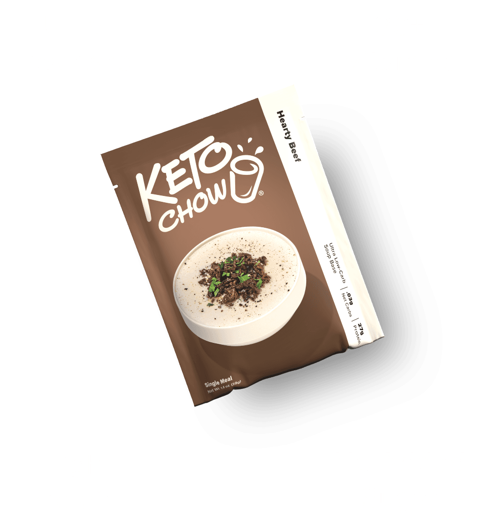 Brown Keto Chow Hearty Beef soup base single meal pouch. White logo and text, showing a bowl of soup. States .05g net carbs, 27g protein.