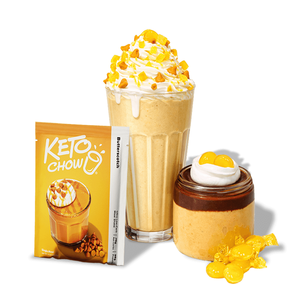 KETO CHOW Butterscotch Meal Shake orange pouch and white sachet. Also a butterscotch shake in glass, layered dessert, and yellow candies.