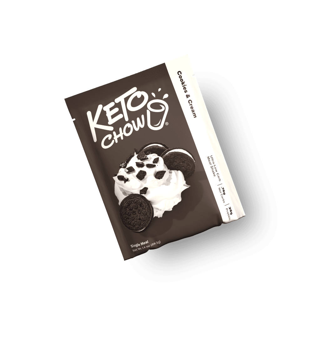KETO CHOW Cookies & Cream single meal pouch. Dark brown packaging shows whipped cream with chocolate cookies. Contains .75g Net Carbs, 26g Protein.