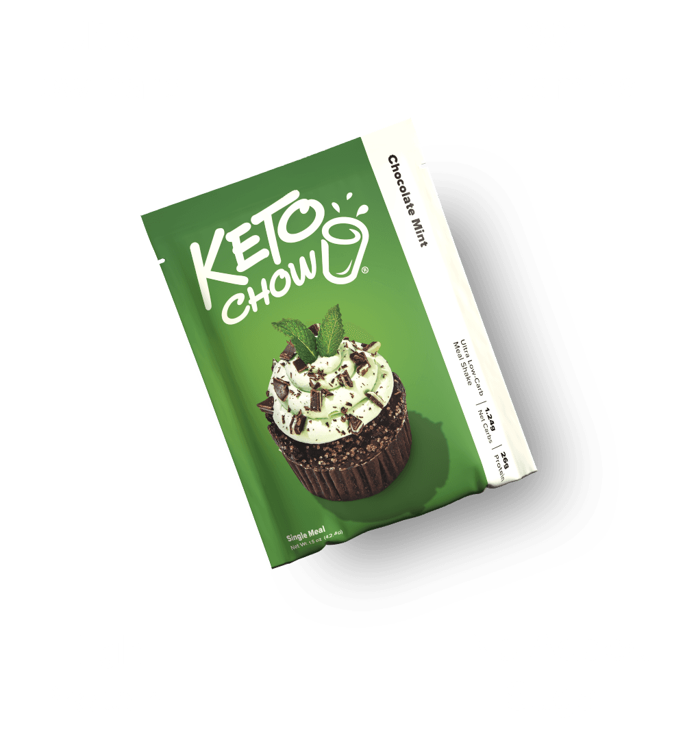 KETO CHOW Chocolate Mint single meal shake packet, green. Features a cupcake with mint frosting. Text: 1.24g Net Carbs, 26g Protein.