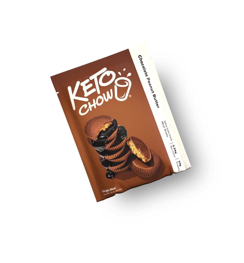 Brown KETO CHOW Chocolate Peanut Butter pouch with peanut butter cups. Single Meal, 1.9 oz, Ultra Low-Carb, 2.3g Net Carbs, 31g Protein.