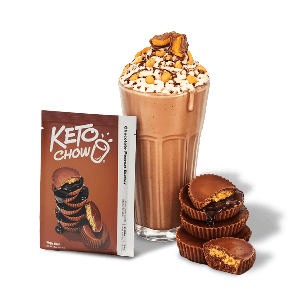 KETO CHOW Chocolate Peanut Butter single meal shake pouch, a chocolate peanut butter shake with whipped cream and candy pieces, and a stack of peanut butter cups.