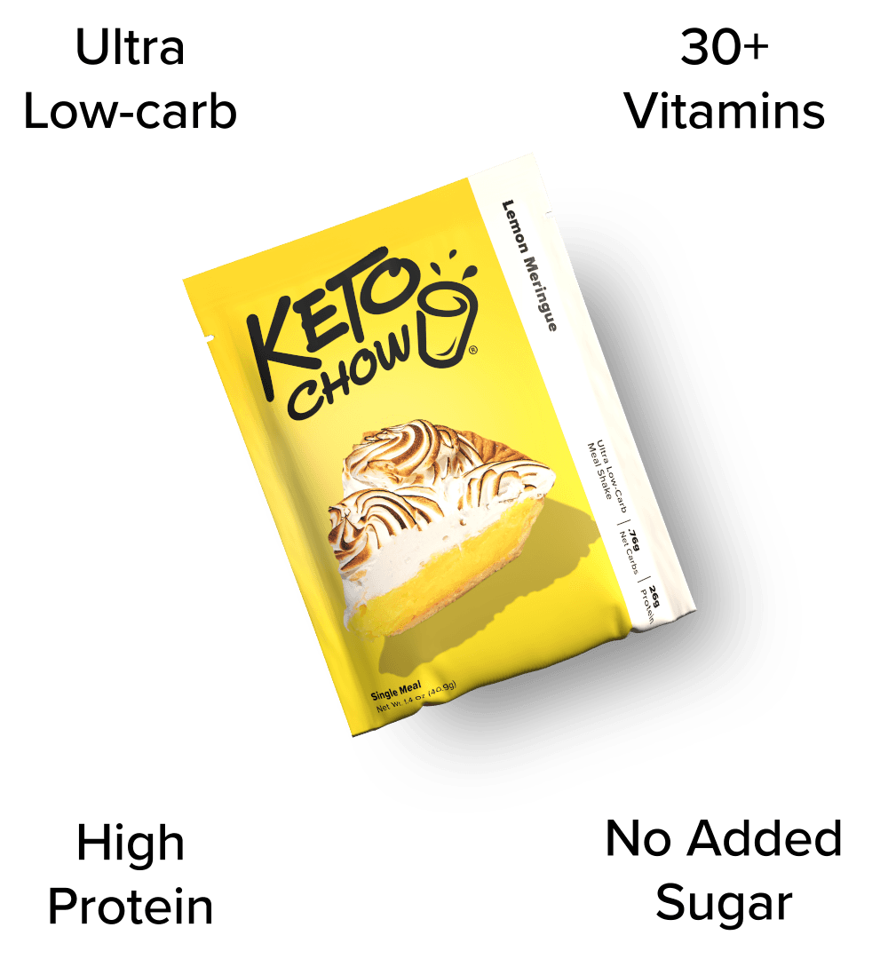KETO CHOW Lemon Meringue single meal shake pouch. Yellow packaging with image of lemon meringue pie, showing 7g Net Carbs, 26g Protein.