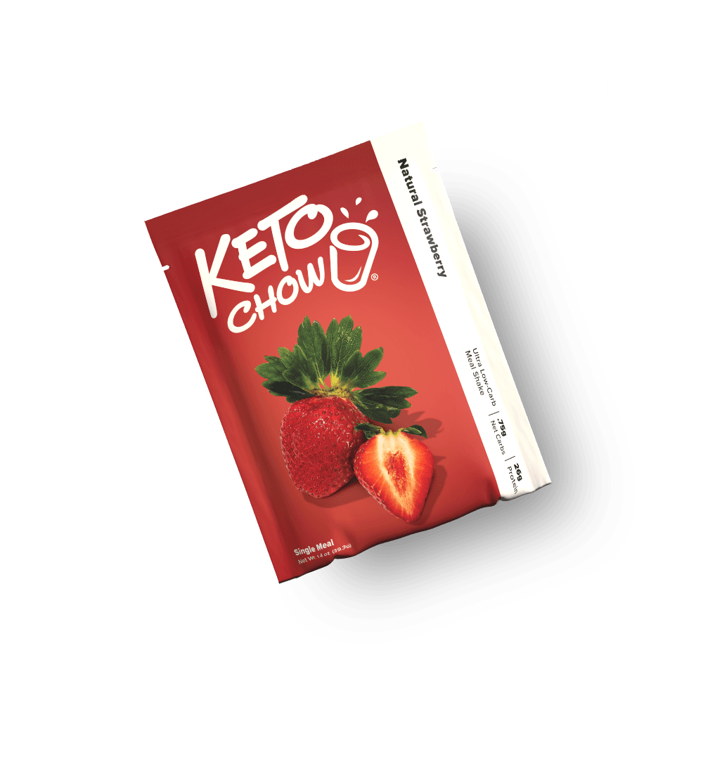 Red Keto Chow Natural Strawberry single meal shake pouch with KETO CHOW logo, whole and halved strawberries. Text includes: Ultra Low-carb, .75g Net Carbs, 26g Protein.