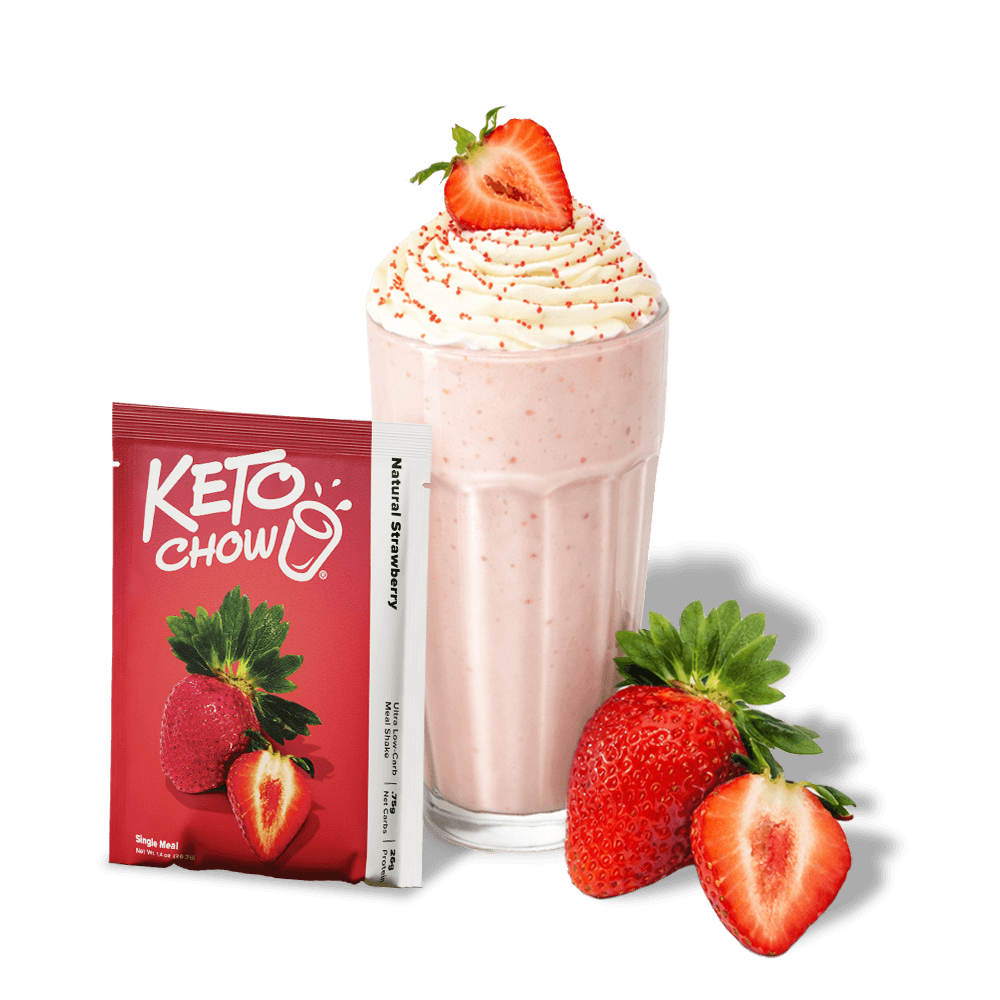 KETO CHOW Natural Strawberry shake powder. Red pouch, white stick pack. Pink shake with whipped cream, sprinkles, and fresh strawberries.
