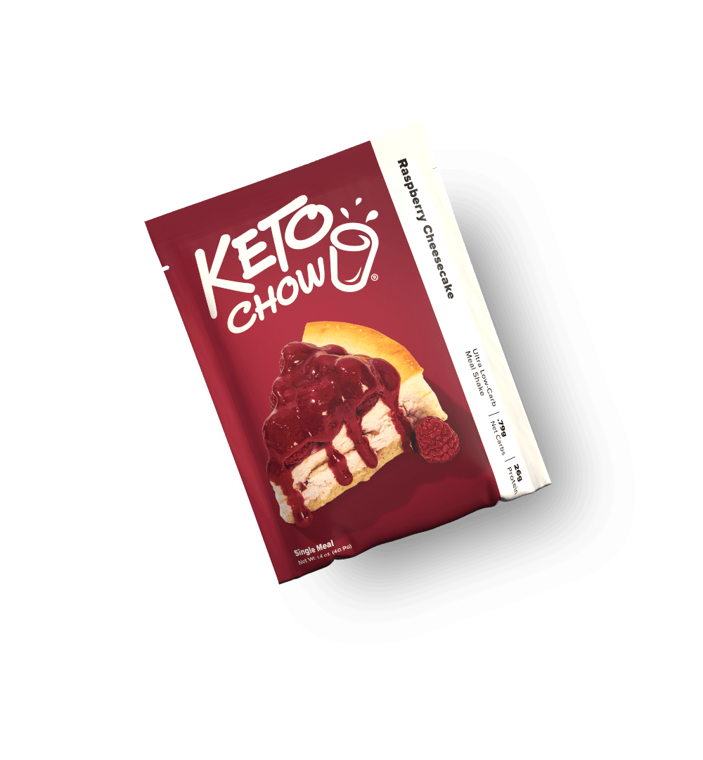 Dark red KETO CHOW Raspberry Cheesecake meal shake pouch with a cheesecake graphic. Single Meal, Ultra Low-Carb, Protein text.