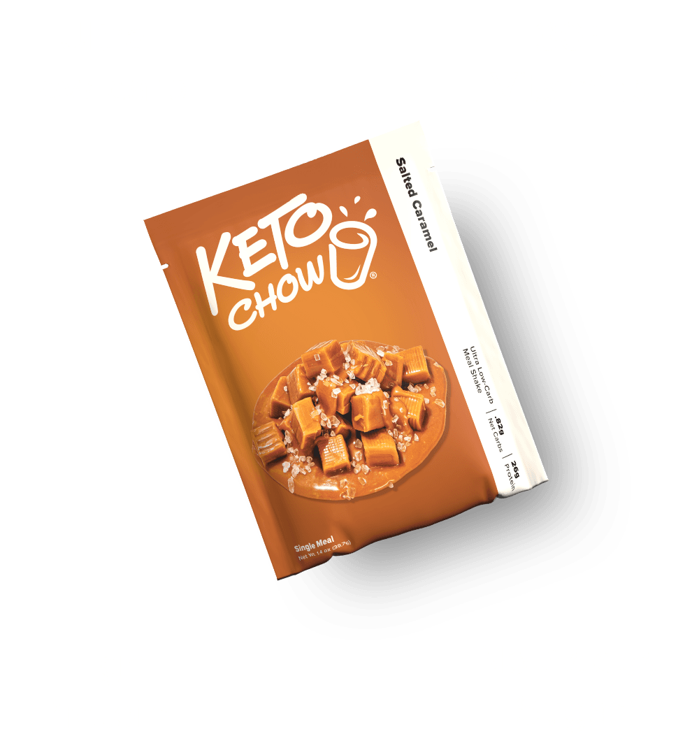 KETO CHOW Salted Caramel meal shake pouch. Orange and white, showing caramel candies and salt flakes. Text: Ultra Low-Carb, 26g Protein.