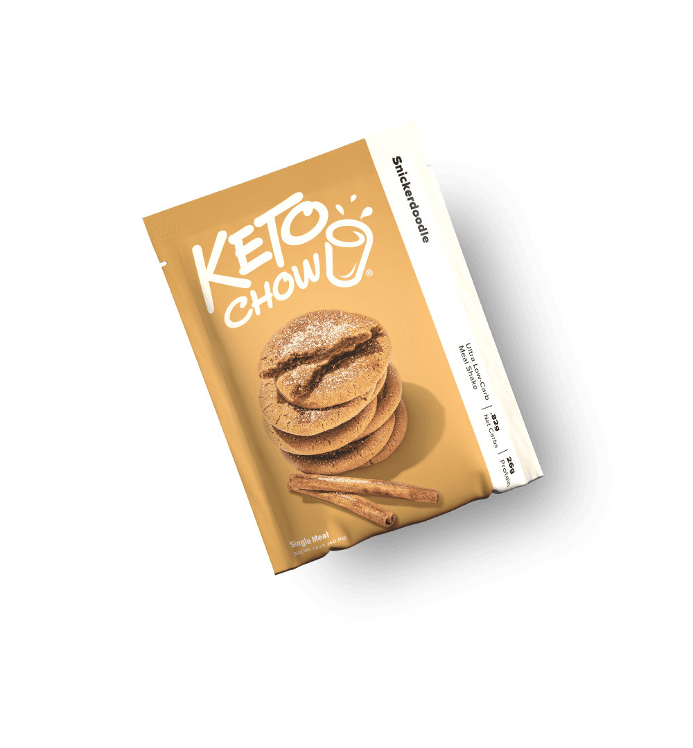 KETO CHOW Snickerdoodle Ultra Low-carb Meal Shake in a tan pouch, featuring cookies and cinnamon sticks on the front.