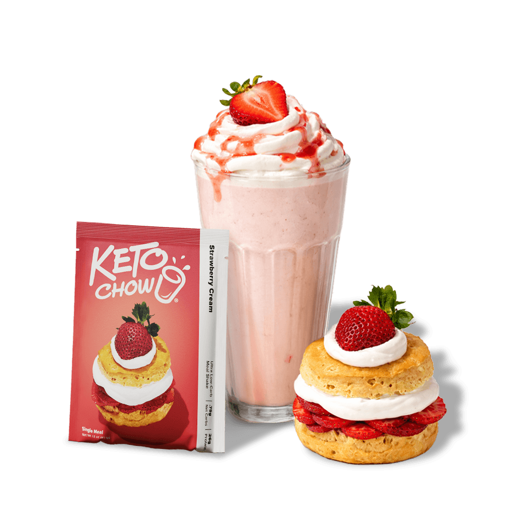 KETO CHOW red packet and white Strawberry Cream stick. A pink strawberry milkshake and a strawberry shortcake are shown.
