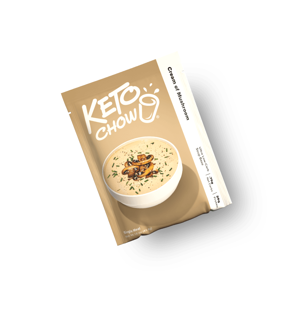 KETO CHOW Cream of Mushroom soup base, tan pouch with soup image. Text: Single Meal, 1.5 oz, Ultra Low-carb, .75g Net Carbs, 26g Protein.