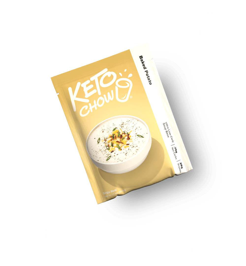 Light yellow KETO CHOW Baked Potato single meal soup base pouch. Features a bowl of soup, text states Ultra Low-Carb, .75g Net Carbs, 26g Protein.