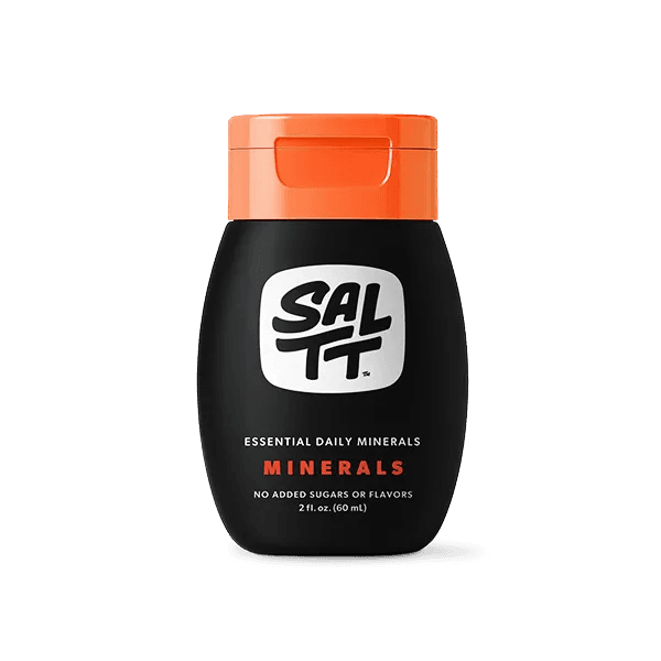 Black SALTT essential daily minerals bottle with orange cap. Text says Minerals, No Added Sugars or Flavors, 2 fl. oz. (60 ml).