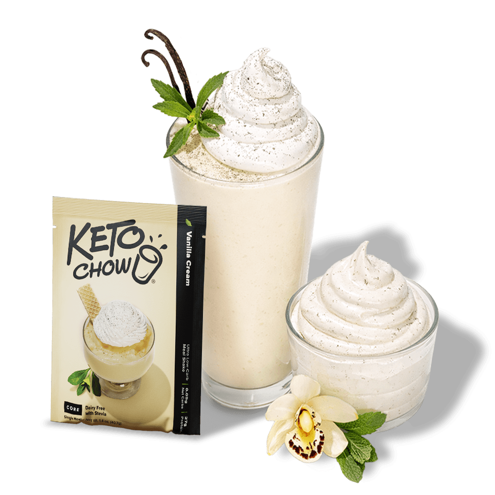 KETO CHOW Vanilla Cream meal shake mix pouch, beige and black. Includes two prepared vanilla shakes with whipped cream, vanilla beans, and mint.