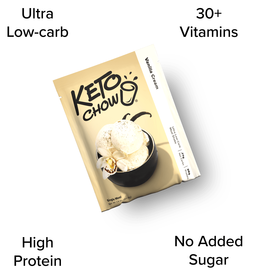 KETO CHOW Vanilla Cream single meal packet. Beige pouch displays vanilla ice cream. Ultra Low-Carb, .77g Net Carbs, 26g Protein.